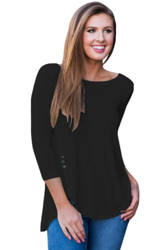 Black Button Slit Detail Long Sleeve Blouse