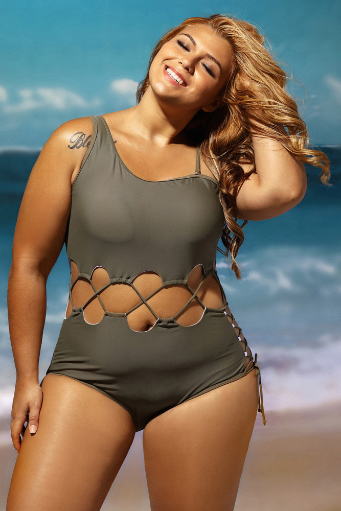 Army Green Lace Up Cutout Asymmetric Shoulder Maillot