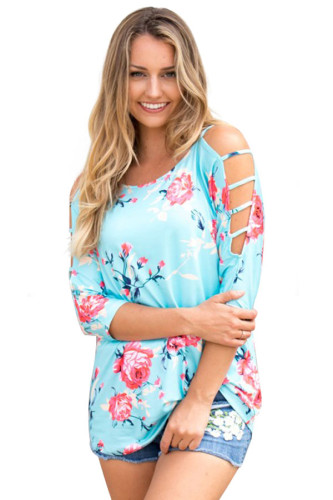 Blue Cold Shoulder Floral Blouse