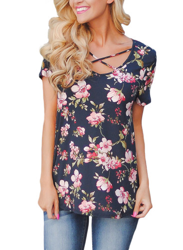 Navy Blue Super Soft Floral Tee Shirt with Crisscross Neck