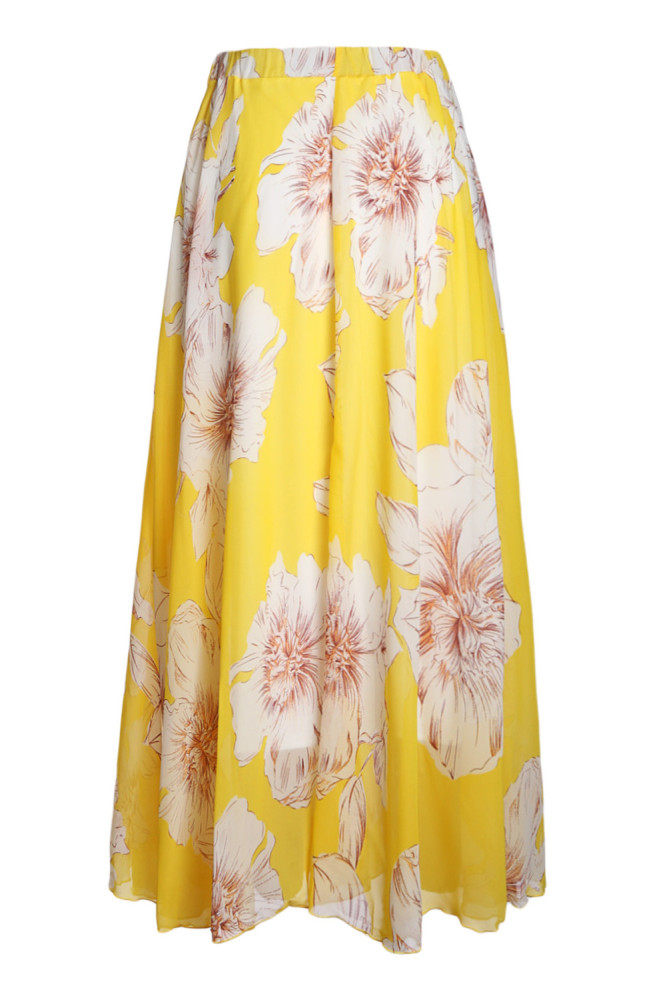Yellow Blossoming Floral Chiffon Maxi Skirt