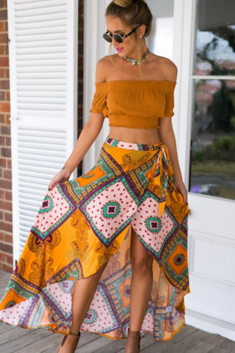 Boho Dream Tie Waist Tribal Print Asymmetrical Maxi Skirt