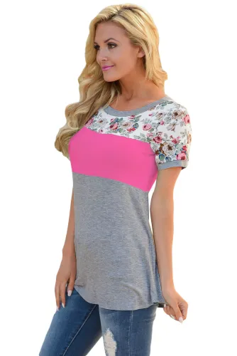Floral Print Rosy Gray Colorblock T-shirt