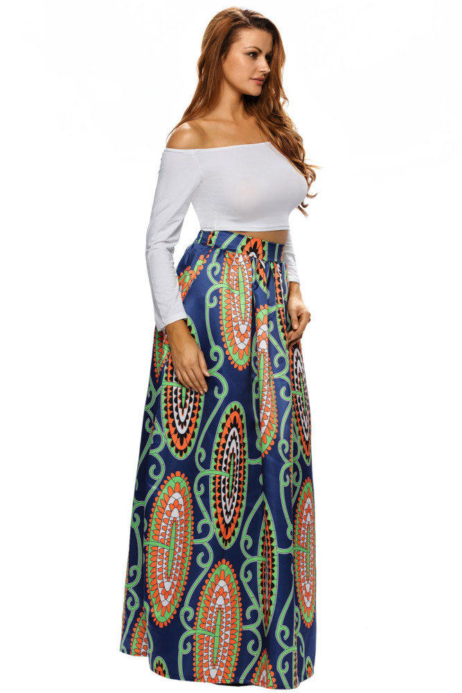 Abstract Floral African Print Navy Maxi Skirt