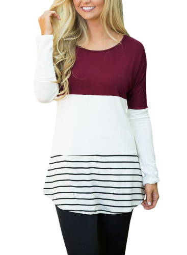Wine Color Block Lace Patchwork Long Sleeve Blouse Top