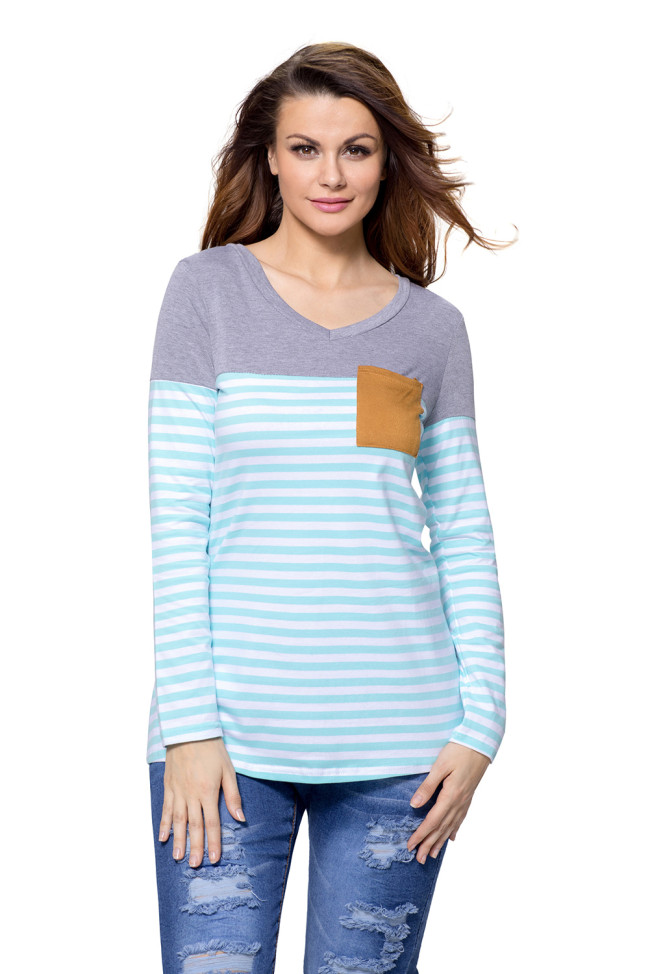 Blue White Stripes Color Block Long Sleeve Blouse Top