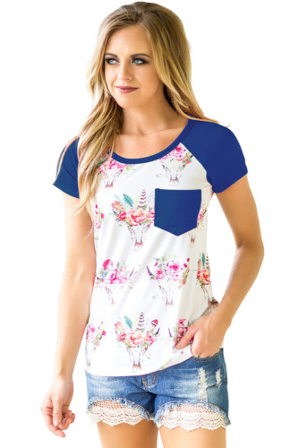 Navy Blue Short Sleeve Pocket Floral Shirt