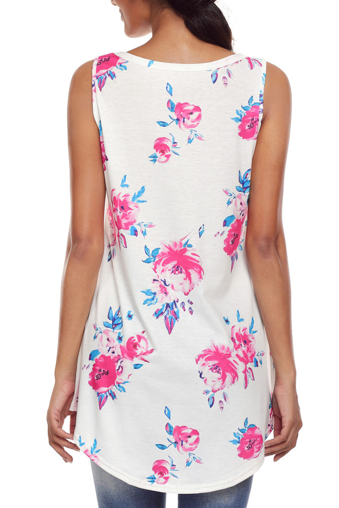 White Blooms Floral Print Sleeveless Babydoll Tank