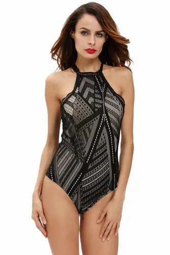 Black Boho Lace Bodysuit with Halter Neck