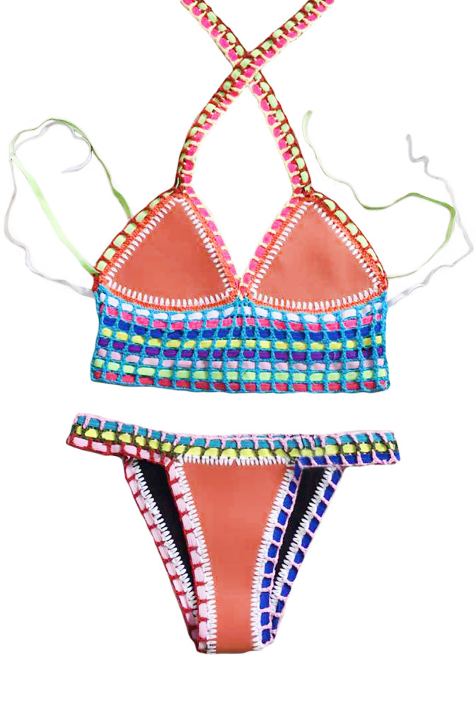 Multicolor Tie Up Crochet Orange Neoprene Bikini Swimsuit