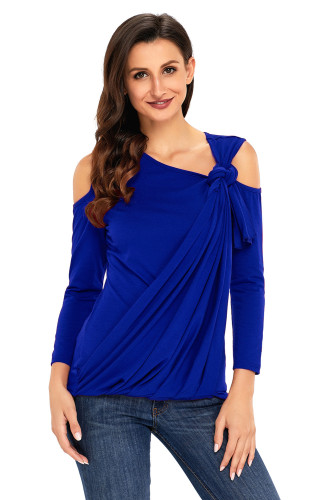 Royal Blue Asymmetric Draped Cold Shoulder Top