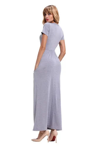 Gray Short Sleeve Ruched Waist Maxi Dress