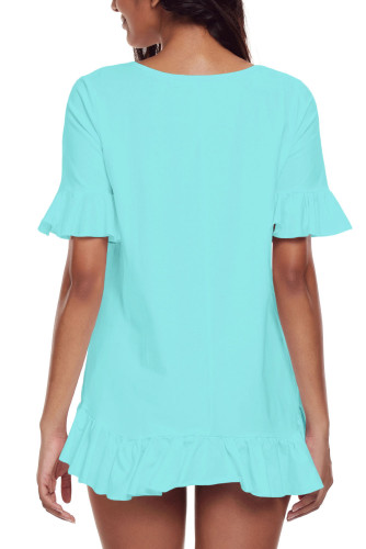 Turquoise Ruffle Trim Short Sleeve Flowy Top
