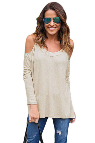 Beige Long Sleeve Relaxed Fit Cold Shoulder Top