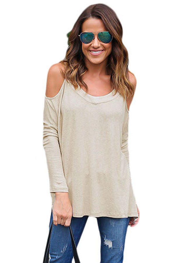 Beige Long Sleeve Relaxed Fit Cold Shoulder Top
