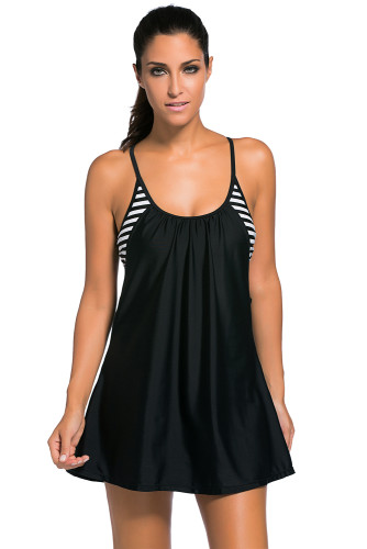 Black Flowing Swim Dress Layered 1pc Tankini Top