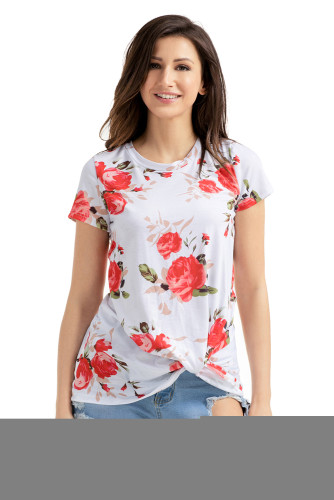 Reddish Floral Short Sleeve Knot Top