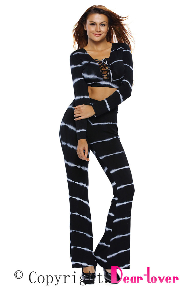 Black Tie Dye Print Sexy Two Piece Pant Set