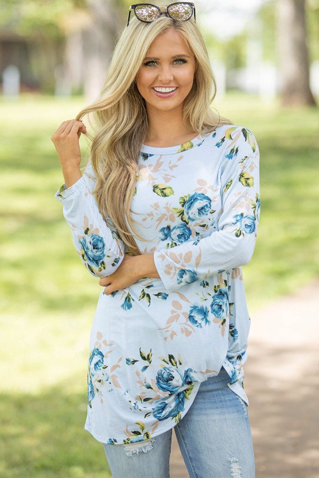 Light Blue Long Sleeve Knotted Floral Print Blouse