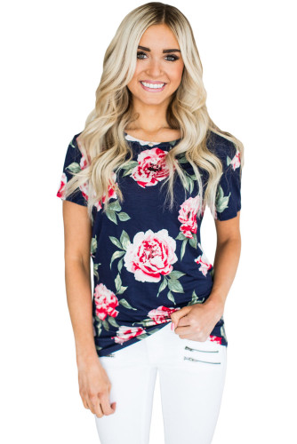 Short Sleeve Round Neck Full-blown Floral Printed T-shirt