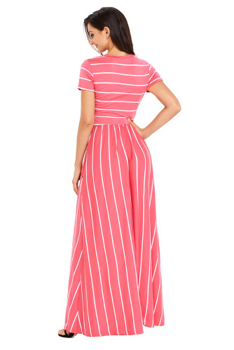 White Striped Rosy Short Sleeve Maxi Dress