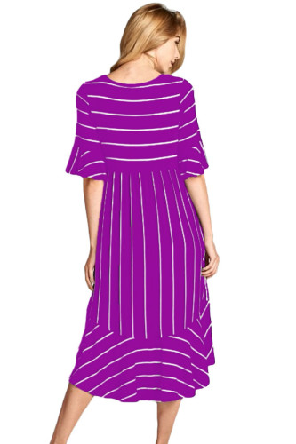 Purple White Striped Bell Sleeve Hi-low Midi Dress