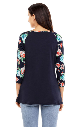 Floral Print Raglan Sleeve Black Top