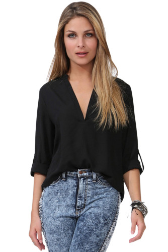 Black V Neck Loose Fitting Chiffon Blouse