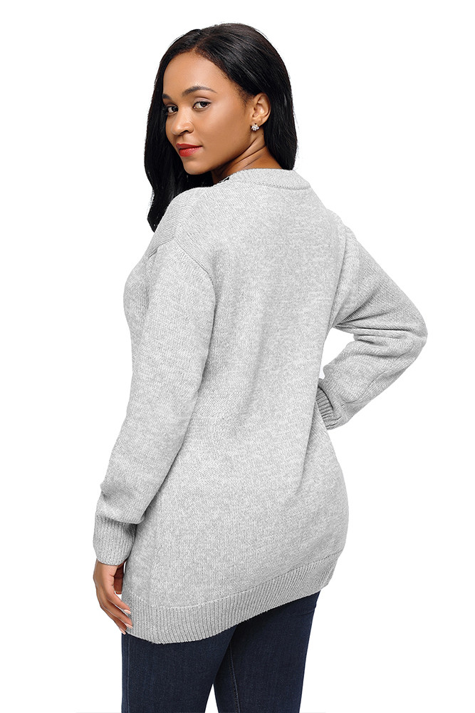 Gray Chic Long Sleeve Sweater with Lace up Neckline