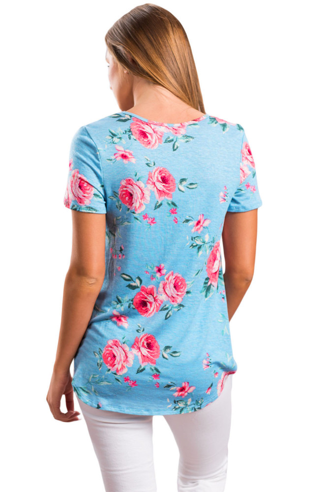 Blue Super Soft Floral Tee Shirt with Crisscross Neck