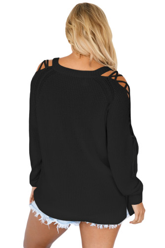 Black Lace up Shoulder Loose Fit Sweater Top