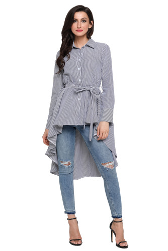 Gray Striped Lapel Shirt High Low Belted Blouse Top