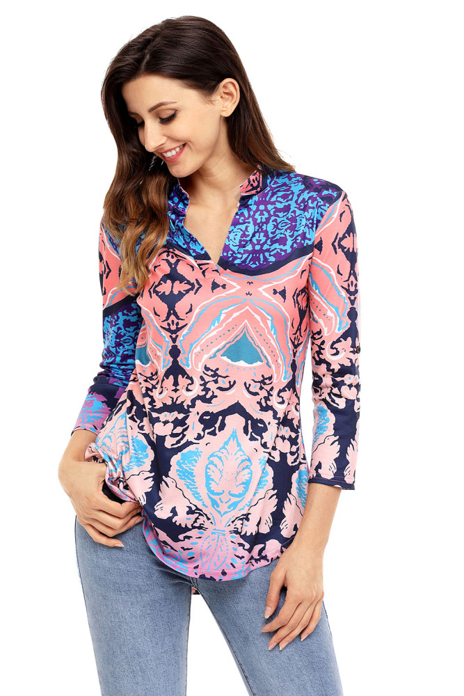 Coral Navy Easily Obsessed Damask Print Split V Neck Tunic