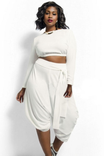 White Plus Size Crop Top Draped Convertible Pants Set