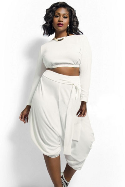 White Plus Size Crop Top Draped Convertible Pants Set