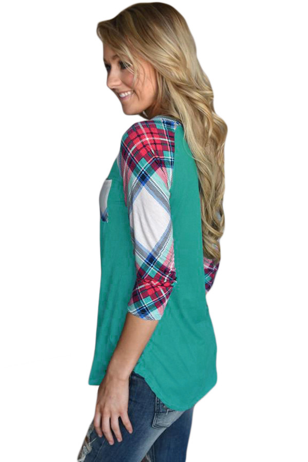 Vibrant Plaid Raglan Sleeve Green Top