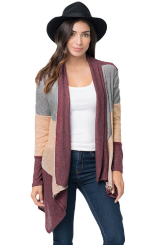 Wine Shawl Neck Colorblock Long Sleeve Cardigan
