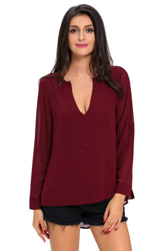 Burgundy V-Neck Button Detail Dip Back Blouse Top