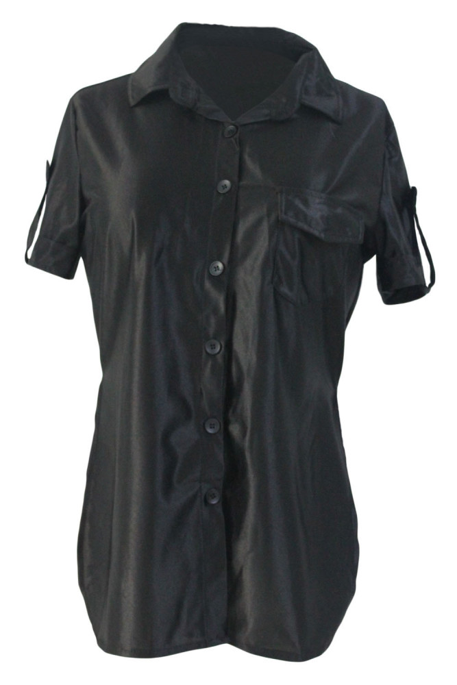 Black Button Up Side Slit Short Sleeve Shirt