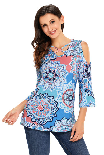 Blue Cold Shoulder Criss Cross Floral Blouse