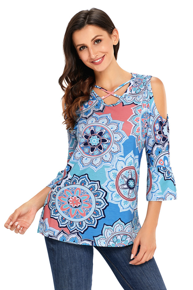 Blue Cold Shoulder Criss Cross Floral Blouse