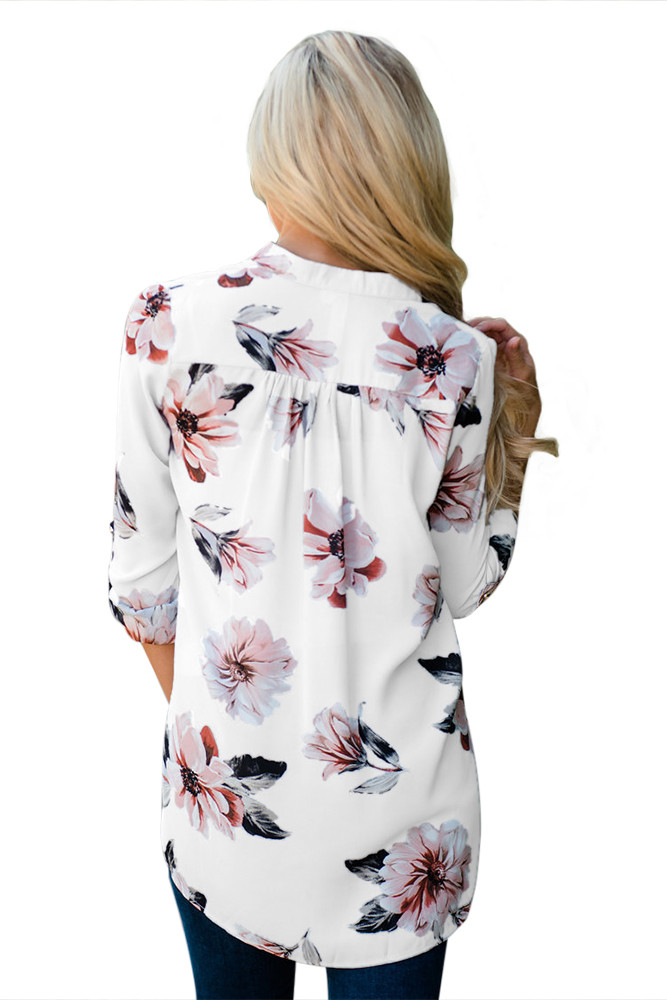 Deal Volume 0.5 White Floral Print High Low Chiffon Blouse