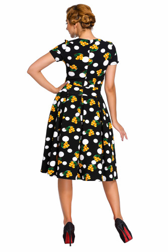 Dot Floral Print Keyhole Vintage Swing Dress
