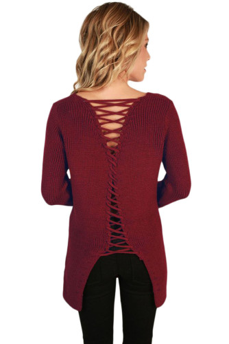 Red Never Look Back Lace Up Sweater