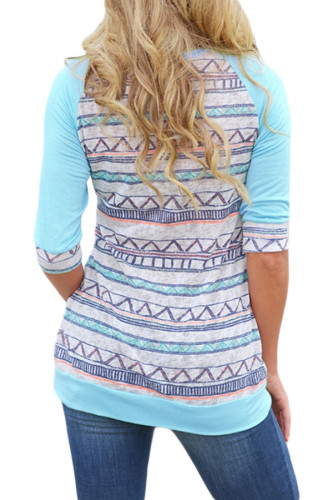 Light Blue Raglan Sleeve Lace Pocket Detail Printed Top