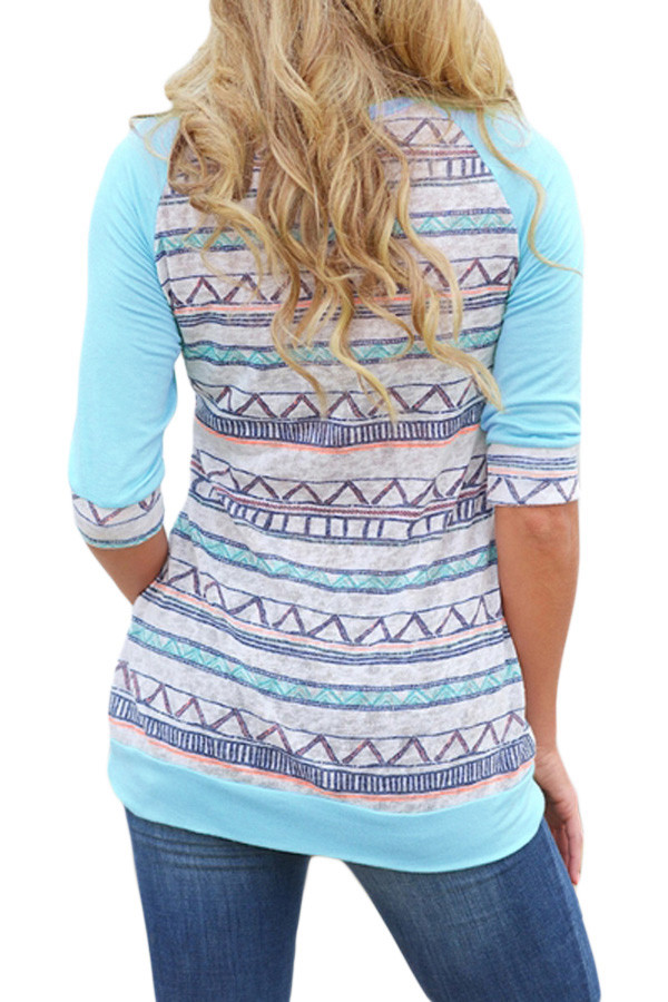 Light Blue Raglan Sleeve Lace Pocket Detail Printed Top