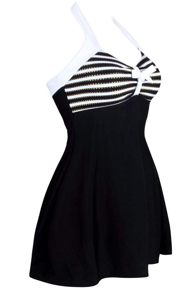 Black White Stripes Gold Trim One-piece Swimdress