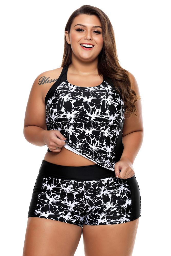 Black Round Neck Flower Print Tankini Bathing Suit