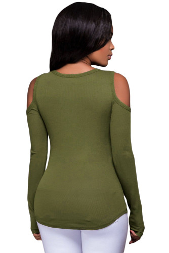 Army Green Long Sleeve Cut-out Shoulder Ribbed Top