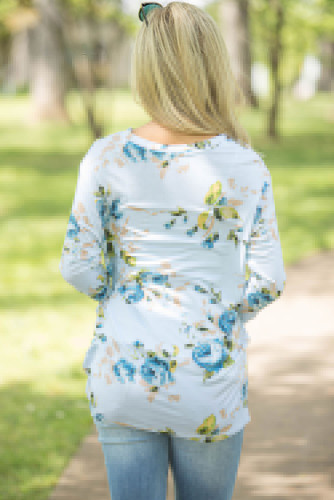 Light Blue Long Sleeve Knotted Floral Print Blouse